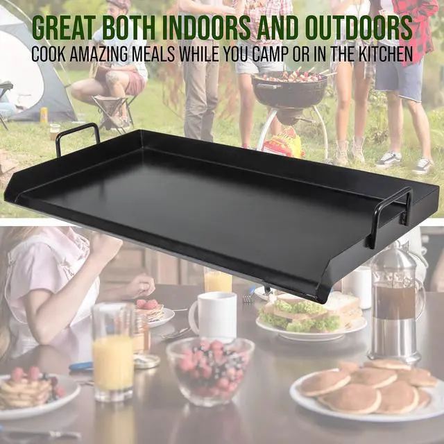 Alt view image 3 of 5 - Hike Crew Non-Stick Griddle for Double Burner Outdoor Stove | Pre-seasoned Camping Skillet Pan w/ Easy-Clean Surface, Oil Reservoir & Grease Cup, Raised Edges, Built-In Handles & Carry Bag | 31 x 17
