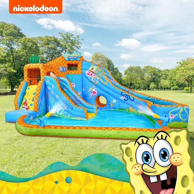 Alt view image 6 of 7 - SUNNY & FUN Spongebob Deluxe Adventure Inflatable Water Slide Park - Heavy-Duty for Outdoor Fun - Climbing Wall, 2 Slides & Splash Pool - Inflate with Included Air Pump & Carrying Case