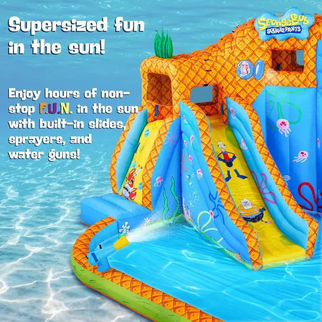 Alt view image 7 of 7 - SUNNY & FUN Spongebob Deluxe Adventure Inflatable Water Slide Park - Heavy-Duty for Outdoor Fun - Climbing Wall, 2 Slides & Splash Pool - Inflate with Included Air Pump & Carrying Case