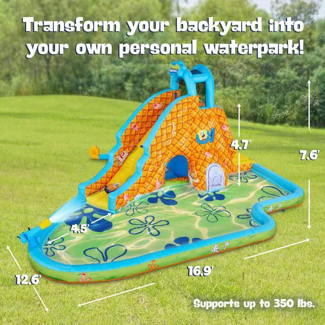 Alt view image 2 of 7 - SUNNY & FUN Spongebob Deluxe Inflatable Water Slide Park - Heavy-Duty for Outdoor Fun - Climbing Wall - Easy to Set Up