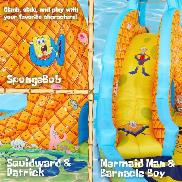 Alt view image 4 of 7 - SUNNY & FUN Spongebob Deluxe Inflatable Water Slide Park - Heavy-Duty for Outdoor Fun - Climbing Wall - Easy to Set Up