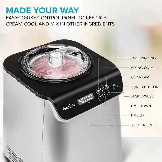 Alt view image 2 of 7 - Ivation Automatic Ice Cream Maker Machine, No Pre-freezing Necessary with Built-in Compressor, Stainless Steel Gelato Maker, LCD Screen, Digital Timer, Removable Bowl, Clear Lid