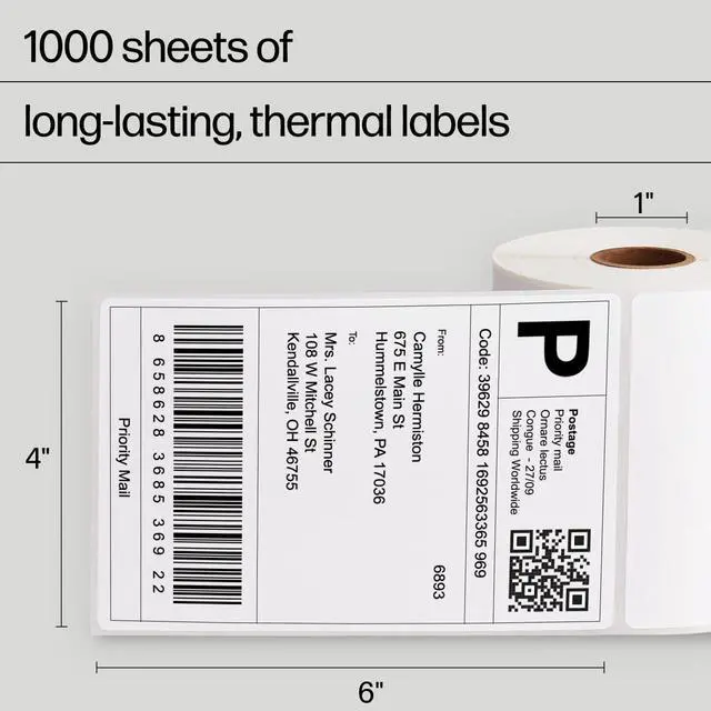Alt view image 2 of 7 - 4 x 6 Direct Thermal Shipping Labels, 4 Rolls 250 Sheets per Roll, Multipurpose Thermal Labels for Personal or Business Use, Compatible with and Other Thermal Label Printers, White