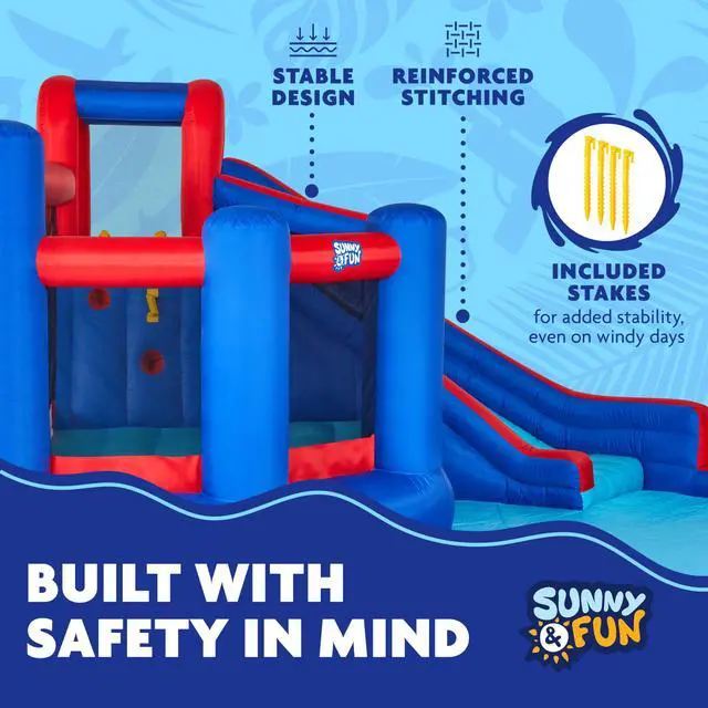 Alt view image 4 of 7 - Sunny & Fun Big Time Bounce-A-Round Inflatable Water Slide Park  Heavy-Duty for Outdoor Fun - Climbing Wall, Slide & Splash Pool  Easy to Set Up & Inflate with Included Air Pump & Carrying Case