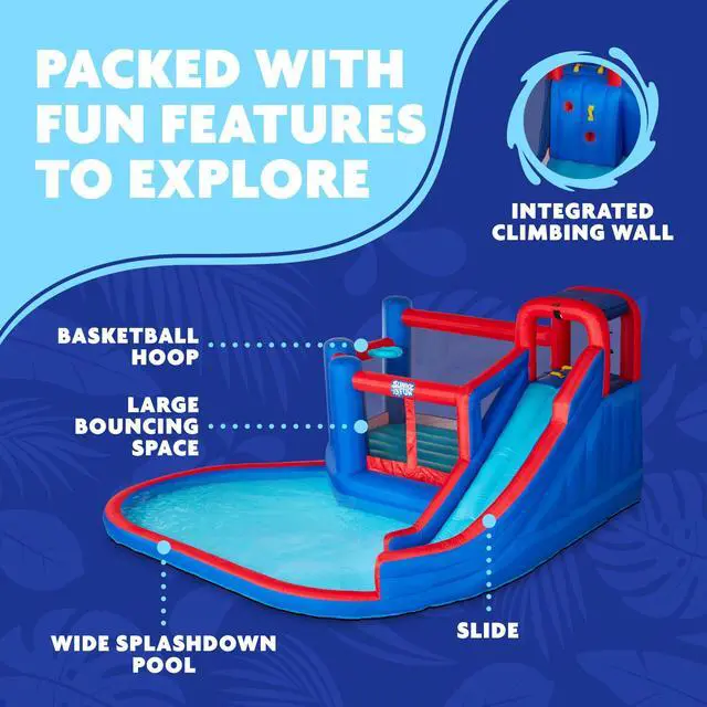 Alt view image 2 of 7 - Sunny & Fun Big Time Bounce-A-Round Inflatable Water Slide Park  Heavy-Duty for Outdoor Fun - Climbing Wall, Slide & Splash Pool  Easy to Set Up & Inflate with Included Air Pump & Carrying Case