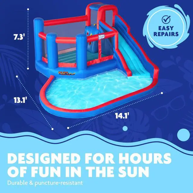 Alt view image 3 of 7 - Sunny & Fun Big Time Bounce-A-Round Inflatable Water Slide Park  Heavy-Duty for Outdoor Fun - Climbing Wall, Slide & Splash Pool  Easy to Set Up & Inflate with Included Air Pump & Carrying Case