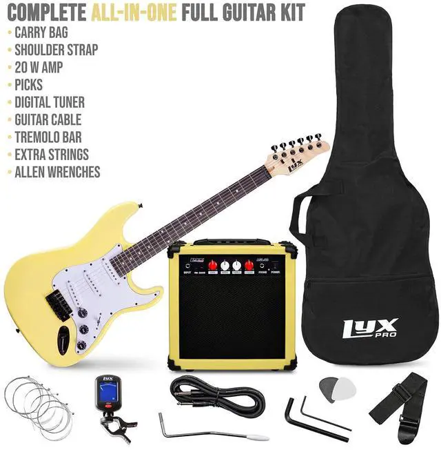 Alt view image 2 of 7 - LyxPro 39 inch Electric Guitar Kit Bundle with 20w Amplifier, All Accessories, Digital Clip On Tuner, Six Strings, Two Picks, Tremolo Bar, Shoulder Strap, Case Bag Starter kit Full Size - Retro Yellow