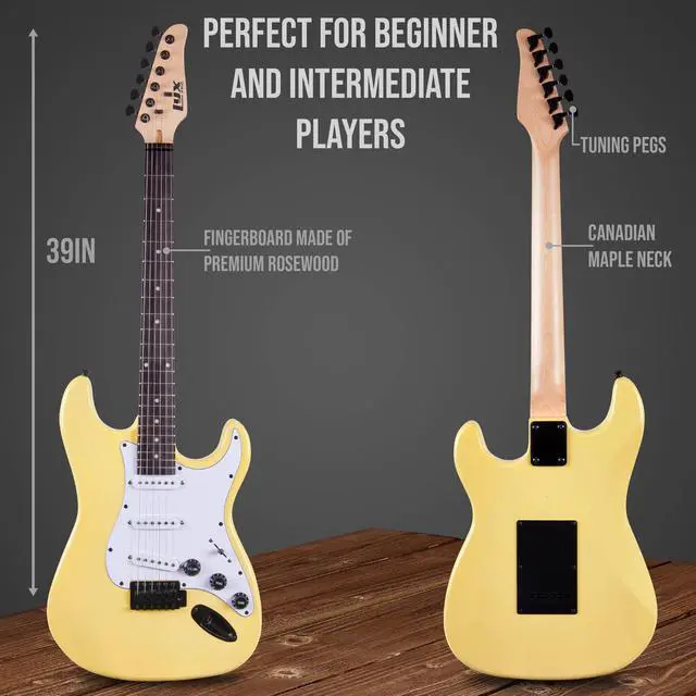 Alt view image 3 of 7 - LyxPro 39 inch Electric Guitar Kit Bundle with 20w Amplifier, All Accessories, Digital Clip On Tuner, Six Strings, Two Picks, Tremolo Bar, Shoulder Strap, Case Bag Starter kit Full Size - Retro Yellow