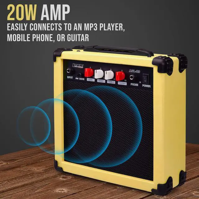 Alt view image 4 of 7 - LyxPro 39 inch Electric Guitar Kit Bundle with 20w Amplifier, All Accessories, Digital Clip On Tuner, Six Strings, Two Picks, Tremolo Bar, Shoulder Strap, Case Bag Starter kit Full Size - Retro Yellow