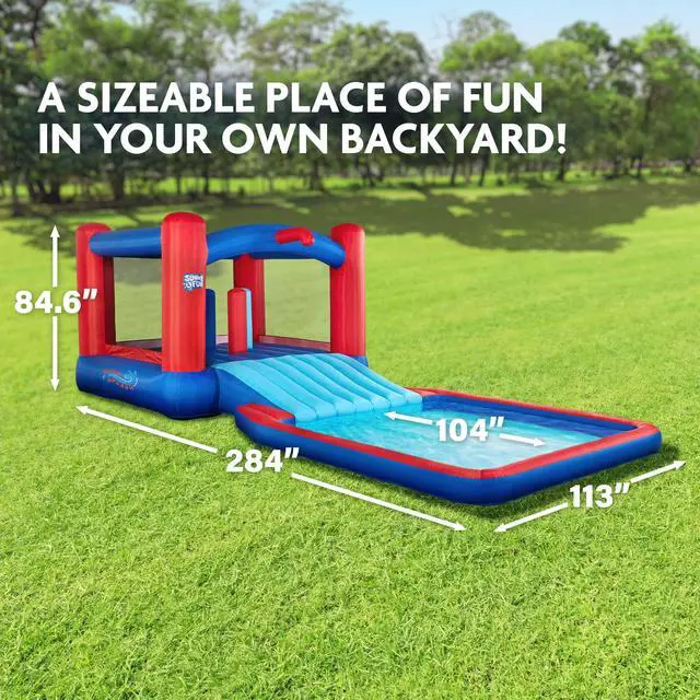 Alt view image 2 of 7 - Sunny & Fun Slide N Splash Bounce House Inflatable Water Slide Park  Heavy-Duty for Outdoor Fun, Wide Slide & Splash Pool