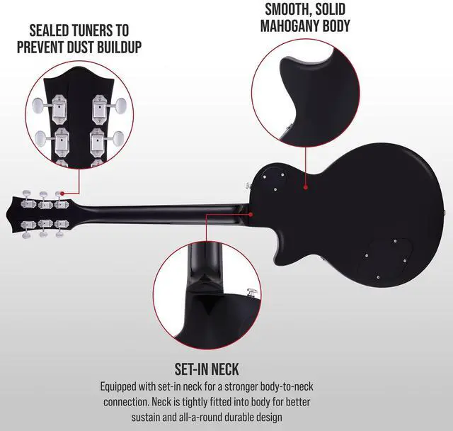 Alt view image 2 of 6 - LyxPro 39 SB Series Electric Guitar, LP Style for Beginner, Intermediate & Pro Players Solid Body Guitar, Bonus 2-Pack of Picks, Mahogany Wood, Volume/Tone Controls, 3-Way Pickup - Black