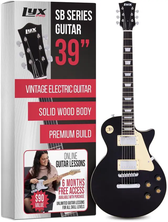 Main image of LyxPro 39 SB Series Electric Guitar, LP Style for Beginner, Intermediate & Pro Players Solid Body Guitar, Bonus 2-Pack of Picks, Mahogany Wood, Volume/Tone Controls, 3-Way Pickup - Black