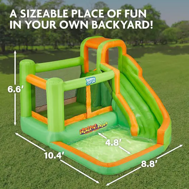 Alt view image 2 of 6 - Sunny & Fun Compact Bounce-A-Round Inflatable Water Slide Park Heavy-Duty for Outdoor Fun - Climbing Wall, Slide & Splash Pool Easy to Set Up & Inflate with Included Air Pump & Carrying Case