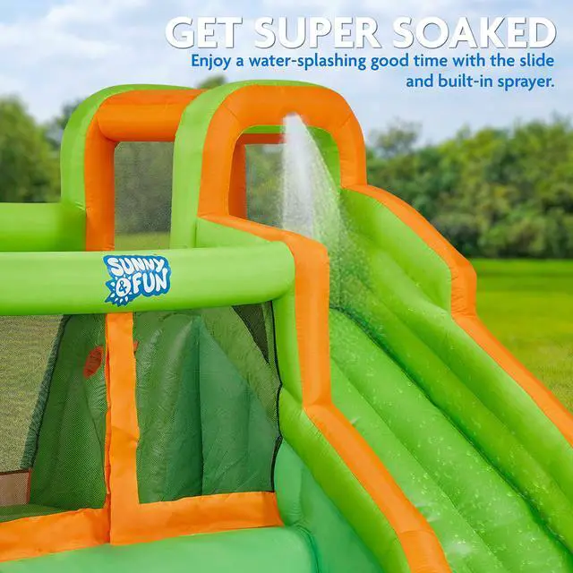 Alt view image 4 of 6 - Sunny & Fun Compact Bounce-A-Round Inflatable Water Slide Park Heavy-Duty for Outdoor Fun - Climbing Wall, Slide & Splash Pool Easy to Set Up & Inflate with Included Air Pump & Carrying Case