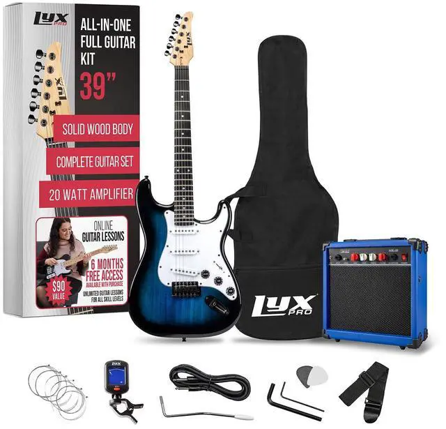 Main image of LyxPro 39 inch Electric Guitar Kit Bundle with 20w Amplifier, All Accessories, Digital Clip On Tuner, Six Strings, Two Picks, Tremolo Bar, Shoulder Strap, Case Bag Starter kit Full Size - Blue