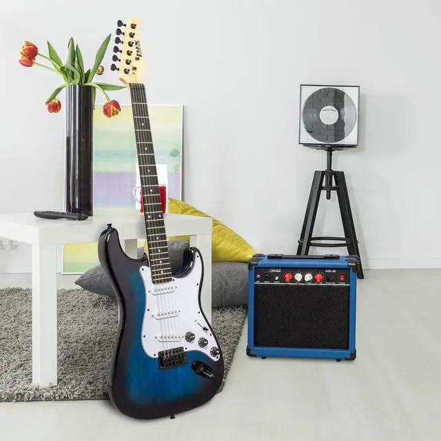 Alt view image 7 of 7 - LyxPro 39 inch Electric Guitar Kit Bundle with 20w Amplifier, All Accessories, Digital Clip On Tuner, Six Strings, Two Picks, Tremolo Bar, Shoulder Strap, Case Bag Starter kit Full Size - Blue