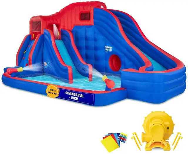 Main image of Sunny & Fun Deluxe Adventure Inflatable Water Slide Park  Heavy-Duty for Outdoor Fun - Climbing Wall, 2 Slides & Splash Pool  Easy to Set Up & Inflate with Included Air Pump & Carrying Case