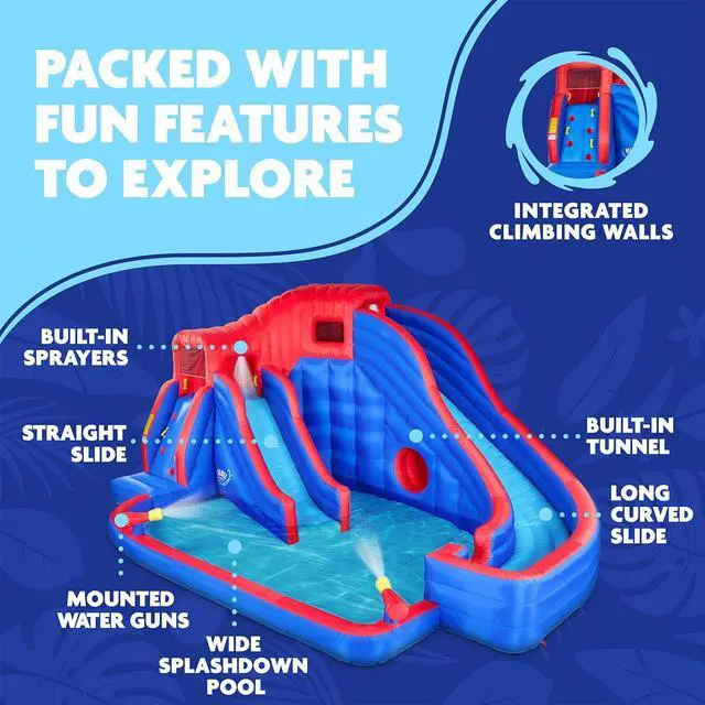 Alt view image 2 of 7 - Sunny & Fun Deluxe Adventure Inflatable Water Slide Park  Heavy-Duty for Outdoor Fun - Climbing Wall, 2 Slides & Splash Pool  Easy to Set Up & Inflate with Included Air Pump & Carrying Case