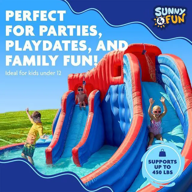 Alt view image 5 of 7 - Sunny & Fun Deluxe Adventure Inflatable Water Slide Park  Heavy-Duty for Outdoor Fun - Climbing Wall, 2 Slides & Splash Pool  Easy to Set Up & Inflate with Included Air Pump & Carrying Case