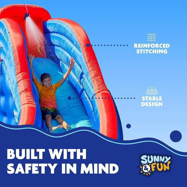 Alt view image 4 of 7 - Sunny & Fun Deluxe Adventure Inflatable Water Slide Park  Heavy-Duty for Outdoor Fun - Climbing Wall, 2 Slides & Splash Pool  Easy to Set Up & Inflate with Included Air Pump & Carrying Case