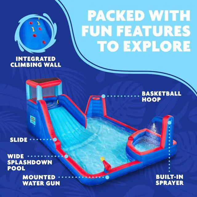 Alt view image 2 of 6 - Sunny & Fun Four Corner Inflatable Water Slide Park Heavy-Duty for Outdoor Fun - Climbing Wall, Slide & Deep Pool Easy to Set Up & Inflate with Included Air Pump & Carrying Case