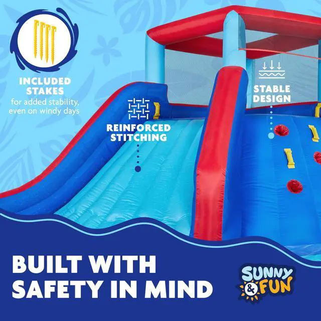 Alt view image 4 of 6 - Sunny & Fun Four Corner Inflatable Water Slide Park Heavy-Duty for Outdoor Fun - Climbing Wall, Slide & Deep Pool Easy to Set Up & Inflate with Included Air Pump & Carrying Case