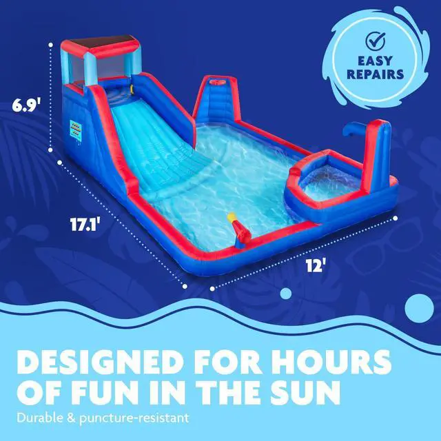 Alt view image 3 of 6 - Sunny & Fun Four Corner Inflatable Water Slide Park Heavy-Duty for Outdoor Fun - Climbing Wall, Slide & Deep Pool Easy to Set Up & Inflate with Included Air Pump & Carrying Case