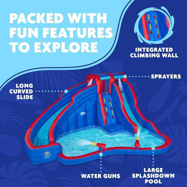 Alt view image 2 of 7 - Sunny & Fun Double Dip Inflatable Water Slide Park  Heavy-Duty for Outdoor Fun - Climbing Wall, 2 Slides & Splash Pool  Easy to Set Up & Inflate with Included Air Pump & Carrying Case