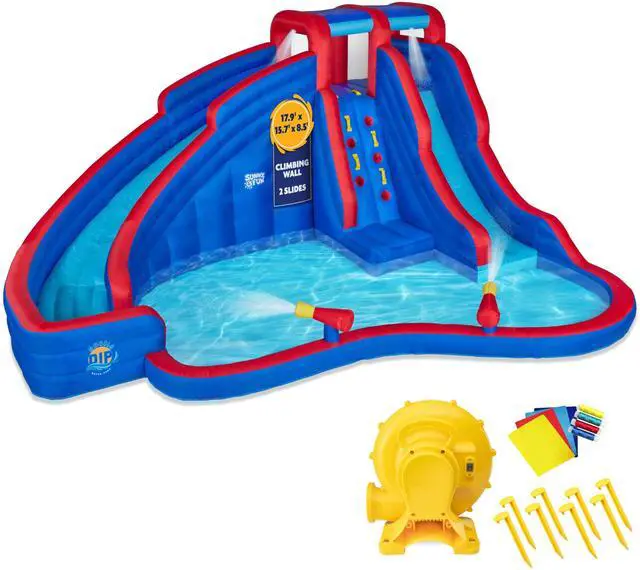 Main image of Sunny & Fun Double Dip Inflatable Water Slide Park  Heavy-Duty for Outdoor Fun - Climbing Wall, 2 Slides & Splash Pool  Easy to Set Up & Inflate with Included Air Pump & Carrying Case
