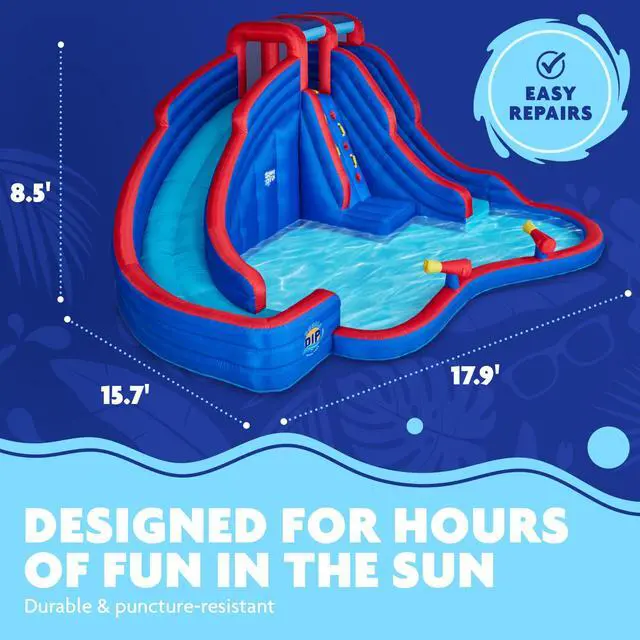 Alt view image 3 of 7 - Sunny & Fun Double Dip Inflatable Water Slide Park  Heavy-Duty for Outdoor Fun - Climbing Wall, 2 Slides & Splash Pool  Easy to Set Up & Inflate with Included Air Pump & Carrying Case