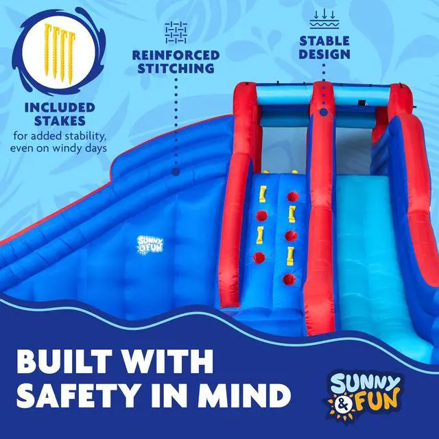 Alt view image 4 of 7 - Sunny & Fun Double Dip Inflatable Water Slide Park  Heavy-Duty for Outdoor Fun - Climbing Wall, 2 Slides & Splash Pool  Easy to Set Up & Inflate with Included Air Pump & Carrying Case
