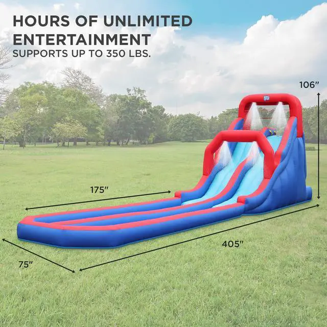 Alt view image 2 of 7 - Sunny & Fun Dual Splash Inflatable Water Racing Slide Park  Heavy-Duty for Outdoor Fun - Climbing Wall, Two Slides & Splash Pool  Easy to Set Up & Inflate with Included Air Pump & Carrying Case