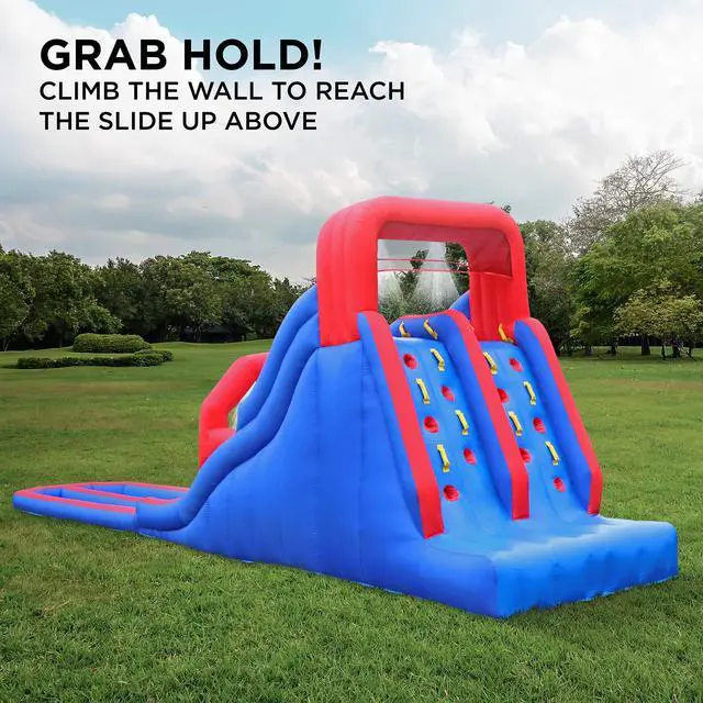 Alt view image 3 of 7 - Sunny & Fun Dual Splash Inflatable Water Racing Slide Park  Heavy-Duty for Outdoor Fun - Climbing Wall, Two Slides & Splash Pool  Easy to Set Up & Inflate with Included Air Pump & Carrying Case
