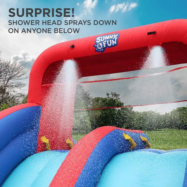 Alt view image 4 of 7 - Sunny & Fun Dual Splash Inflatable Water Racing Slide Park  Heavy-Duty for Outdoor Fun - Climbing Wall, Two Slides & Splash Pool  Easy to Set Up & Inflate with Included Air Pump & Carrying Case