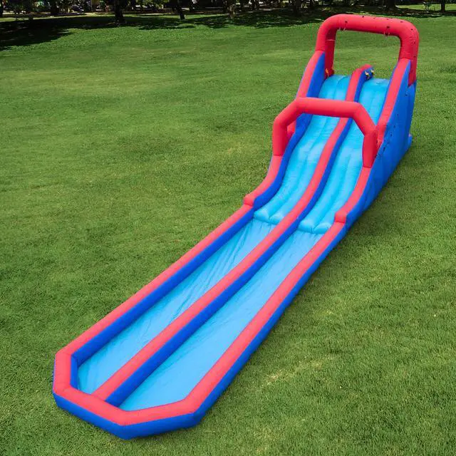 Alt view image 6 of 7 - Sunny & Fun Dual Splash Inflatable Water Racing Slide Park  Heavy-Duty for Outdoor Fun - Climbing Wall, Two Slides & Splash Pool  Easy to Set Up & Inflate with Included Air Pump & Carrying Case