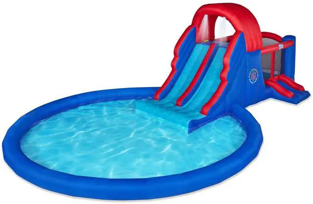 Main image of Sunny & Fun Dual Slide Roundabout Inflatable Water Park Heavy-Duty for Outdoor Fun - Climbing Wall, Slides, Bounce House & Huge Pool Easy to Set Up & Inflate with Included Air Pump & Carrying Case