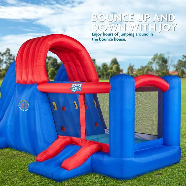 Alt view image 3 of 7 - Sunny & Fun Dual Slide Roundabout Inflatable Water Park Heavy-Duty for Outdoor Fun - Climbing Wall, Slides, Bounce House & Huge Pool Easy to Set Up & Inflate with Included Air Pump & Carrying Case