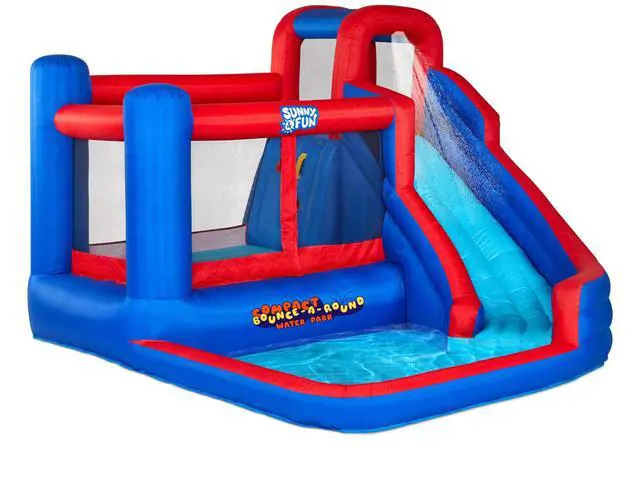 Main image of Sunny & Fun Compact Bounce-A-Round Inflatable Water Slide Park Heavy-Duty for Outdoor Fun - Climbing Wall, Slide & Splash Pool Easy to Set Up & Inflate with Included Air Pump & Carrying Case
