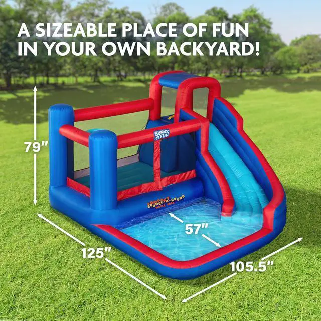 Alt view image 2 of 7 - Sunny & Fun Compact Bounce-A-Round Inflatable Water Slide Park Heavy-Duty for Outdoor Fun - Climbing Wall, Slide & Splash Pool Easy to Set Up & Inflate with Included Air Pump & Carrying Case