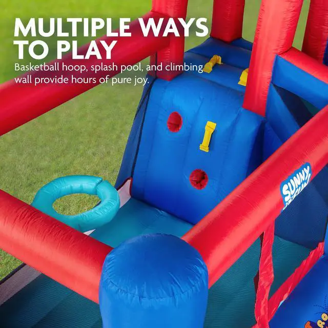 Alt view image 3 of 7 - Sunny & Fun Compact Bounce-A-Round Inflatable Water Slide Park Heavy-Duty for Outdoor Fun - Climbing Wall, Slide & Splash Pool Easy to Set Up & Inflate with Included Air Pump & Carrying Case