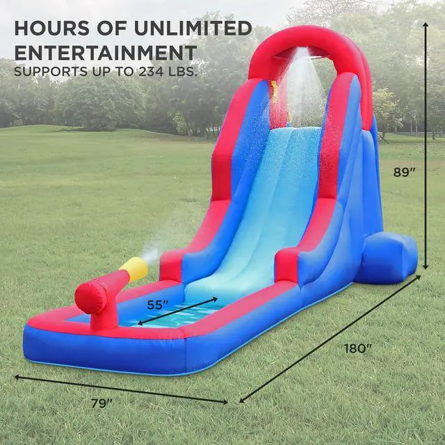 Alt view image 2 of 7 - Sunny & Fun Compact Inflatable Water Slide Park Heavy-Duty Nylon for Outdoor Fun - Climbing Wall, Slide, & Small Splash Pool Easy to Set Up & Inflate with Included Air Pump & Carrying Case