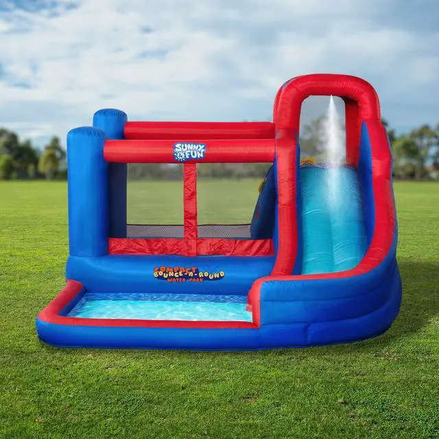 Alt view image 5 of 7 - Sunny & Fun Compact Bounce-A-Round Inflatable Water Slide Park Heavy-Duty for Outdoor Fun - Climbing Wall, Slide & Splash Pool Easy to Set Up & Inflate with Included Air Pump & Carrying Case