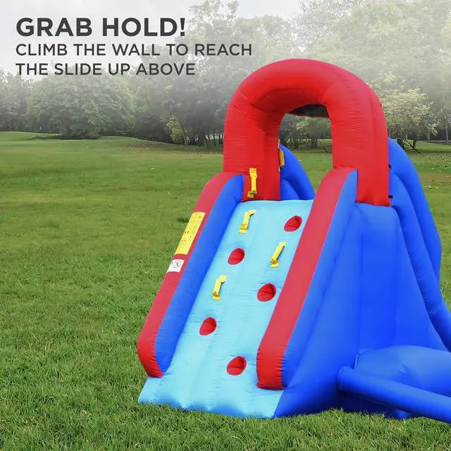 Alt view image 3 of 7 - Sunny & Fun Compact Inflatable Water Slide Park Heavy-Duty Nylon for Outdoor Fun - Climbing Wall, Slide, & Small Splash Pool Easy to Set Up & Inflate with Included Air Pump & Carrying Case
