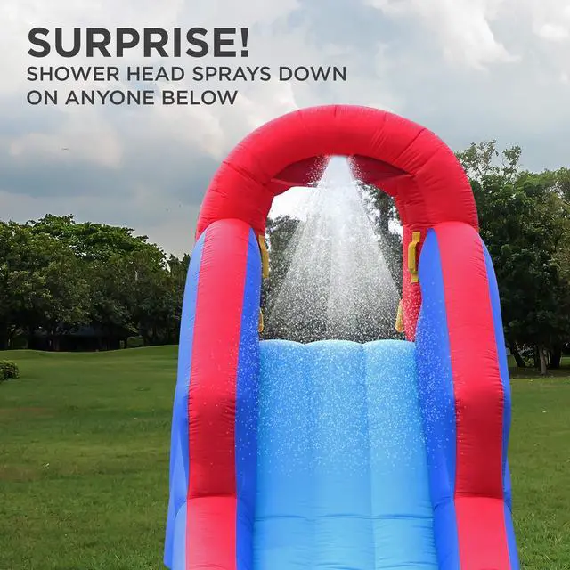 Alt view image 4 of 7 - Sunny & Fun Compact Inflatable Water Slide Park Heavy-Duty Nylon for Outdoor Fun - Climbing Wall, Slide, & Small Splash Pool Easy to Set Up & Inflate with Included Air Pump & Carrying Case