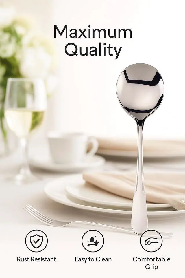 Alt view image 7 of 7 - Jumbl Stainless Steel Soup Spoons Set of 8 Polished 18/8 Metal Spoons Wide Bowl, Classic Design, 7-Inch Length Durable, Dishwasher Safe Tableware for Everyday Use