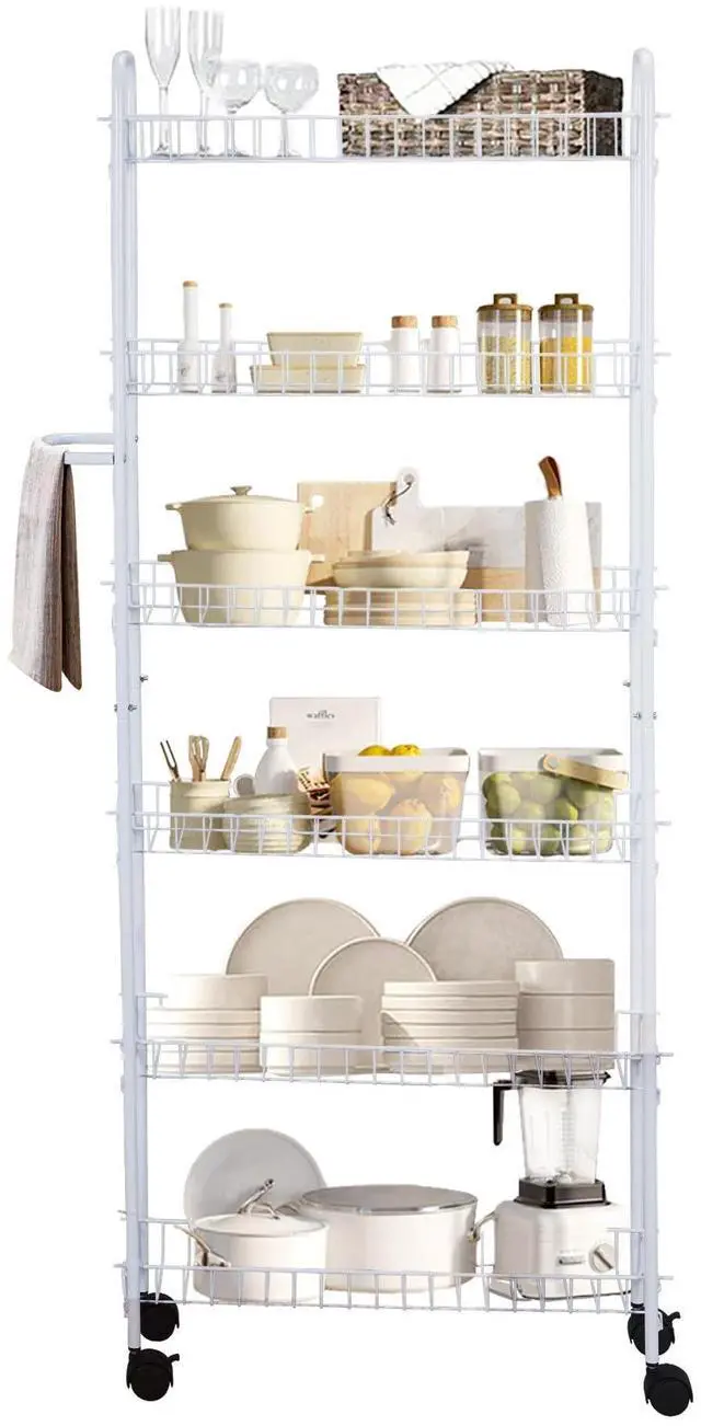 Main image of SkyMall Slim Rolling Pantry Cart 6 Tier Shelf, Space-Saving Kitchen & Spice Rack on Wheels, 10 Inch Deep - White Metal