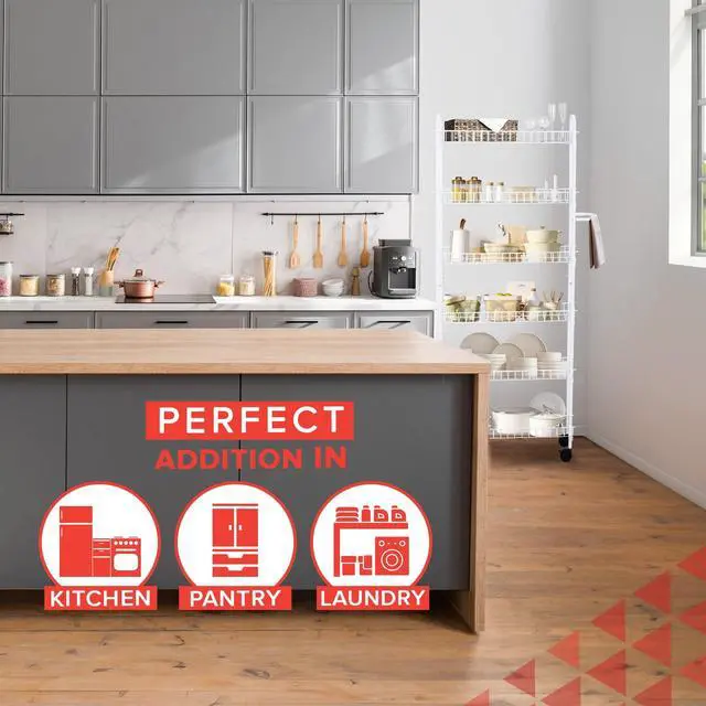 Alt view image 3 of 7 - SkyMall Slim Rolling Pantry Cart 6 Tier Shelf, Space-Saving Kitchen & Spice Rack on Wheels, 10 Inch Deep - White Metal