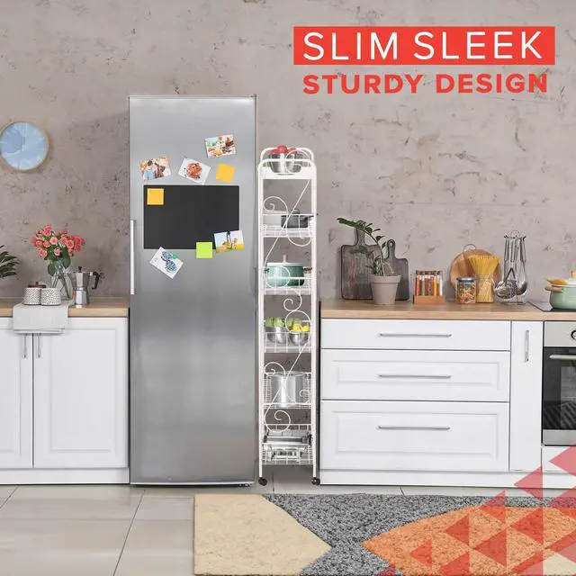 Alt view image 4 of 7 - SkyMall Slim Rolling Pantry Cart 6 Tier Shelf, Space-Saving Kitchen & Spice Rack on Wheels, 10 Inch Deep - White Metal