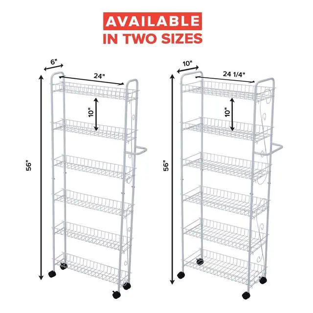 Alt view image 7 of 7 - SkyMall Slim Rolling Pantry Cart 6 Tier Shelf, Space-Saving Kitchen & Spice Rack on Wheels, 10 Inch Deep - White Metal