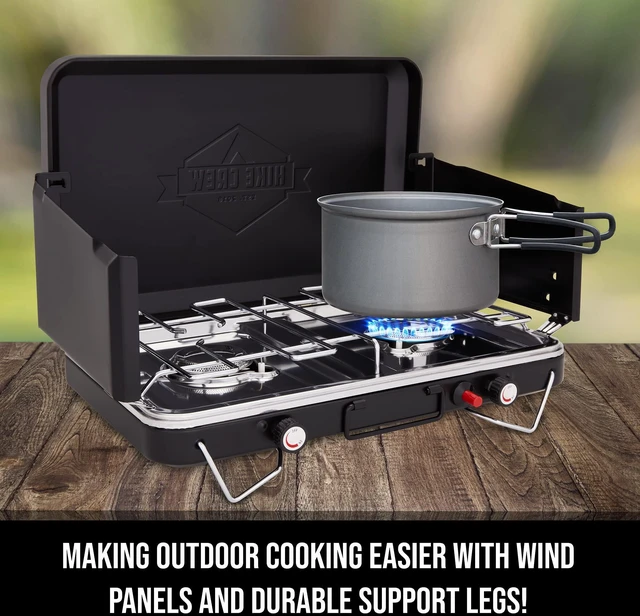 Alt view image 2 of 6 - Hike Crew Gas Camping Stove | 20,000 BTU Portable Propane 2 Burner Stovetop | Integrated Igniter & Stainless Steel Drip Tray | Built-in Carrying Handle, Foldable Legs, Wind Panels | Includes Regulator